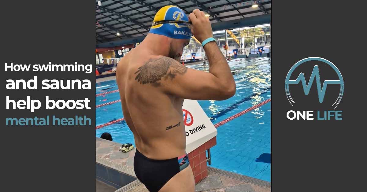 A man wearing a swim cap standing by the edge of a pool, preparing for a swim. The text overlay reads 'How swimming and sauna help boost mental health,' with the One Life logo displayed on the right side.