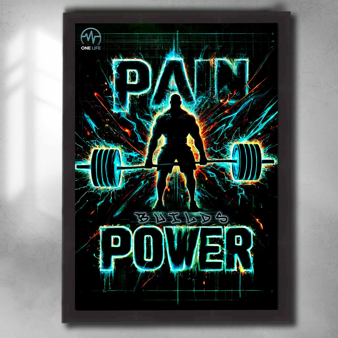 Pain Builds Power Gym Wall Art – Black Framed Motivational Poster for Home Gym, Fitness Studio, Workout Room – High-Impact Neon Strength Training Decor.