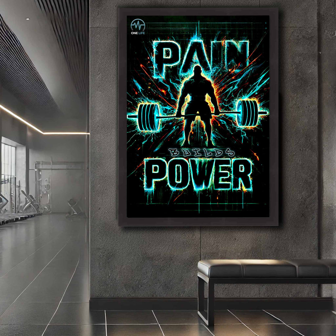 Pain Builds Power Gym Wall Art – Framed Motivational Poster Displayed in Modern Gym, Strength Training Decor for Home Gym, Fitness Studio, Workout Inspiration.