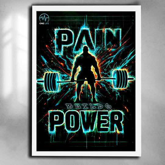 Pain Builds Power Gym Wall Art – White Framed Motivational Poster for Home Gym, Fitness Studio, Workout Room – High-Impact Neon Strength Training Decor