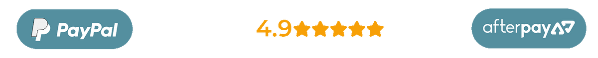 Banner showcasing PayPal and Afterpay logos with a 4.9-star rating highlighted in orange stars, symbolizing excellent customer satisfaction and flexible payment options.